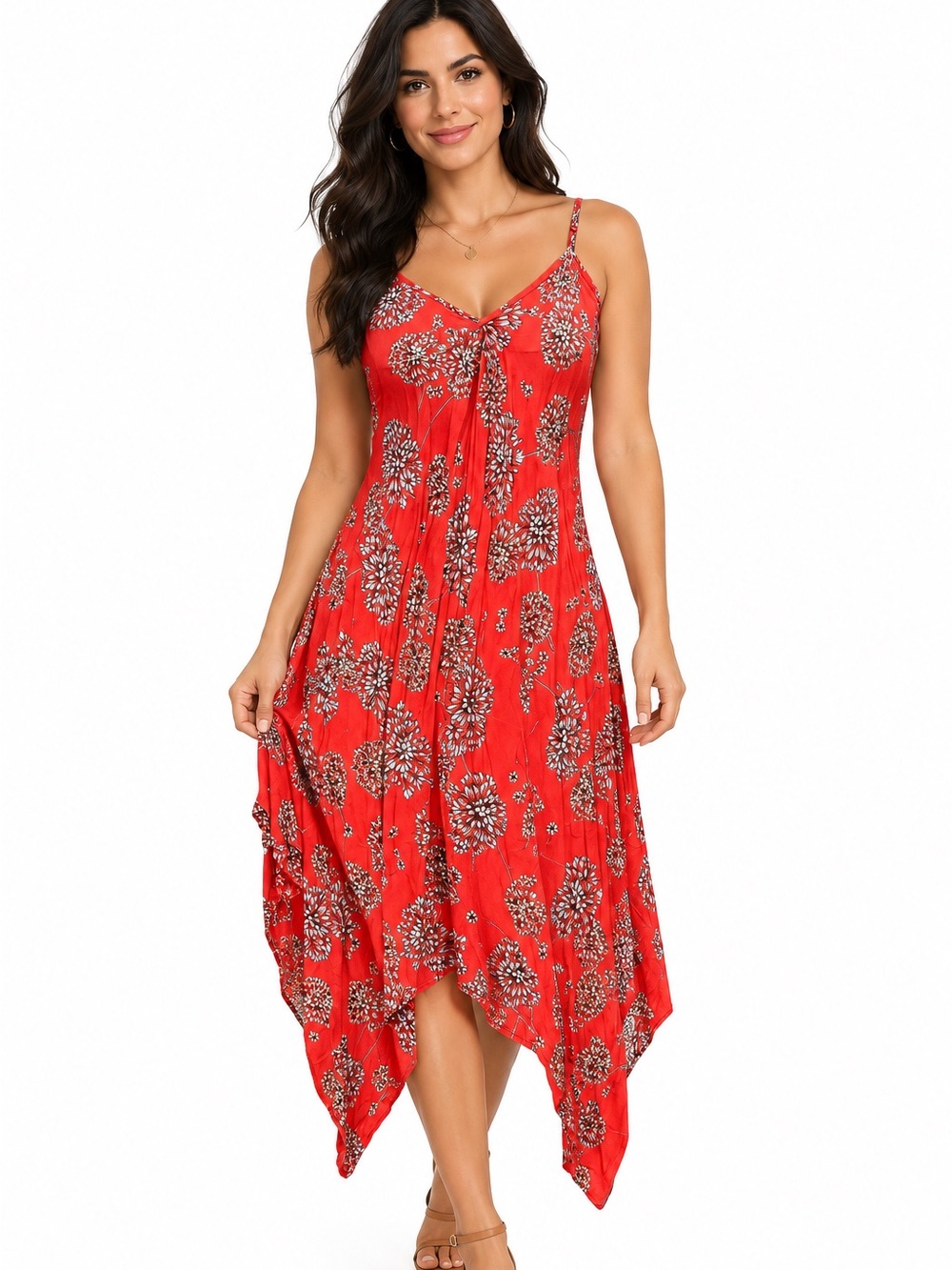 ECI Red Floral Asymmetrical Dress White Blossom Print Small